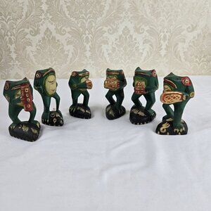 Set of 6 Balsa Wood Hand Carved Frogs with Musical Instruments Painted Whimsical